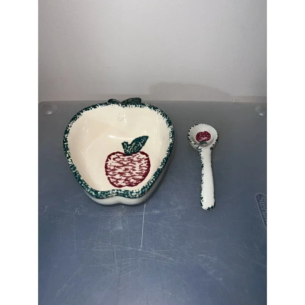 Ceramic Apple Bowl w/Spoon Condiment Serving Dish Spongeware Green & Red